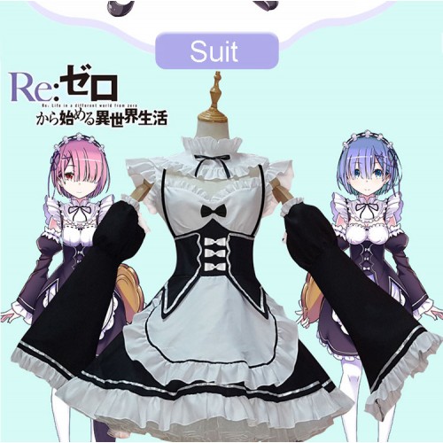 Japanese Anime Cosplay Rem Ram Maid Women's Clothing With Bow Headwear